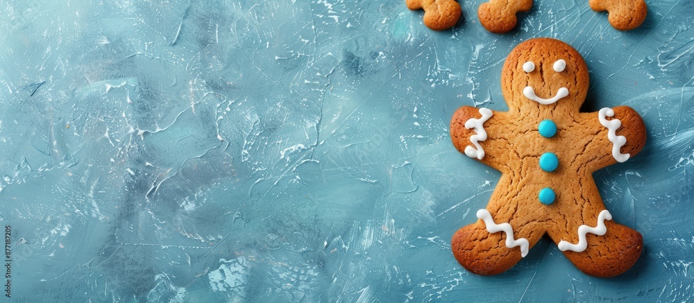 Poster gingerbread man on blue surface with copy space image available