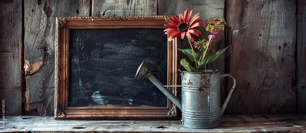 Poster On a grungy wooden surface a charming flower sits inside a watering can next to a blackboard all with space for an image to be added. with copy space image. Place for adding text or design