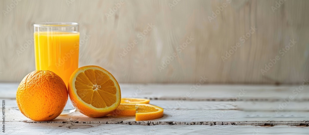 Fototapete on a vintage white wooden table there are a glass of orange juice next to a ripe orange cut into sli