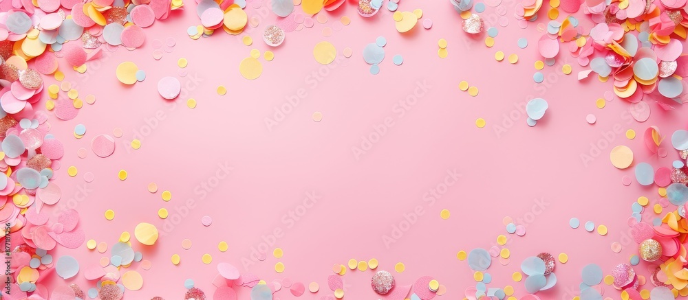 Poster Festive background in soft pink with colorful confetti for text placement Flat lay view from above with a copyspace image