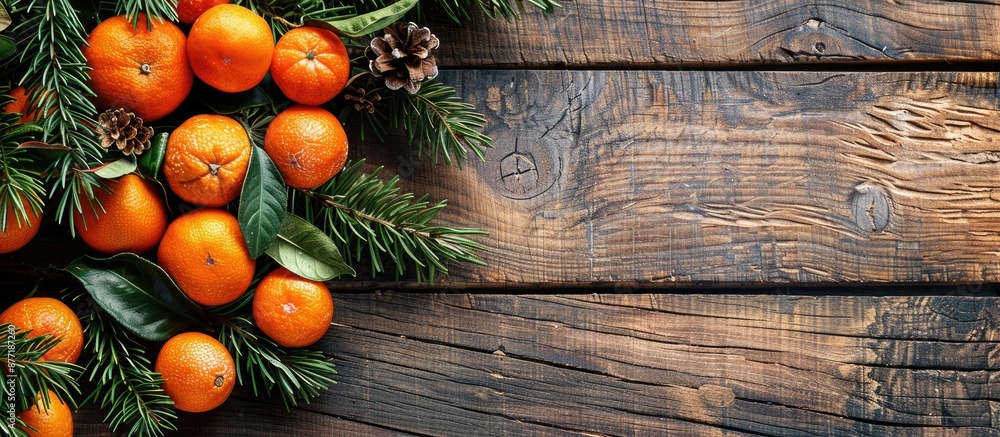 Poster tasty festive tangerines on a tree branch on a wooden background ideal for a copy space image
