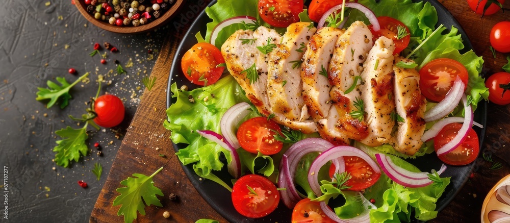 Aufkleber Fresh chicken breast salad with a mix of tomatoes onions and lettuce served on a table with a food background ideal as a copy space image