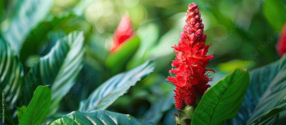 Aufkleber a close up image of a red cockscomb flower with a background of lush green leaves featuring ample co
