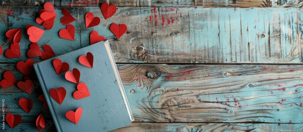Poster Valentine s Day card displayed with paper hearts and a notebook against an aged wooden backdrop featuring available copy space image