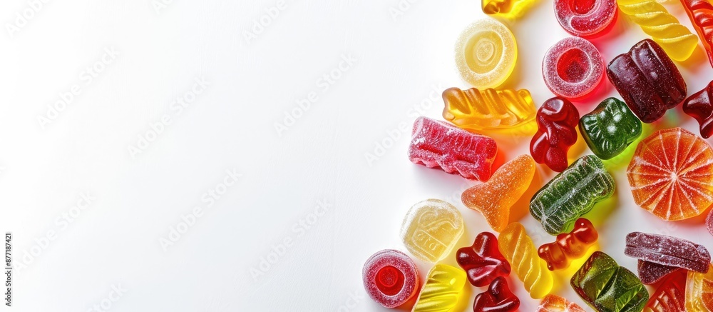 Poster assortment of gummy candies isolated on a white background with ample copy space image