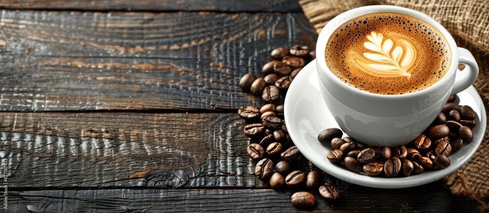 Poster coffee cup and coffee beans on a table with copy space image