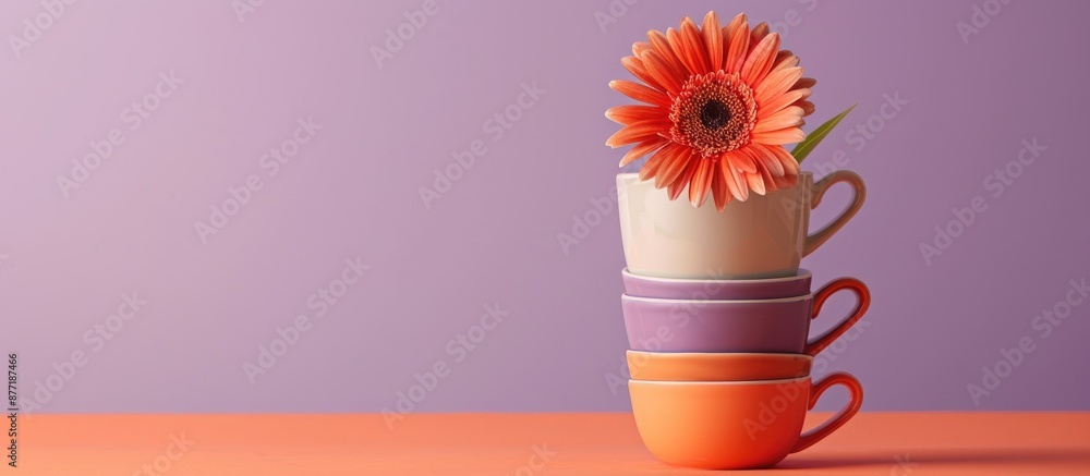 Aufkleber A stack of coffee cups with a gerbera flower maintaining balance on a purple and beige backdrop showcasing a minimalistic design with a modern touch and copy space image