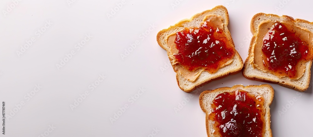 Poster top view of peanut butter and jelly on white bread toasts against a white background with copy space