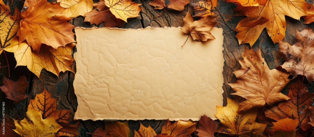 Poster autumn themed notice board featuring a blank note with a copy space image amidst falling leaves
