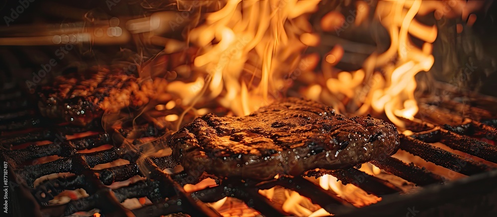 Poster A fire with open flames is roaring in the grill creating the perfect setup for searing meat with a copy space image available