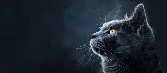 Copy space image featuring a portrait of a gray cat against a dark background