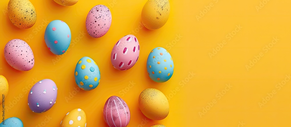 Poster Colorful Easter eggs arranged on a vibrant yellow backdrop displayed in a flat lay style with ample copy space image for text perfect for celebrating Easter