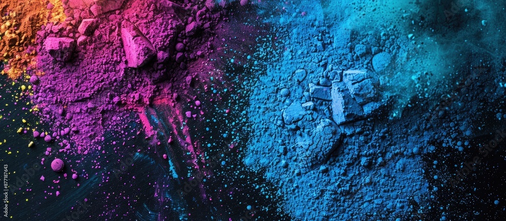 Poster Top view of colorful powder dyes against a dark background perfect for adding text in the copy space image capturing the essence of the Holi festival
