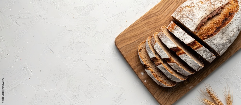 Poster top view of a sliced loaf of bread on a wooden cutting board against a white backdrop with empty spa