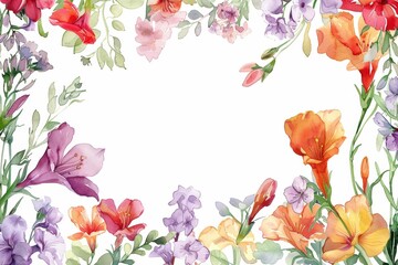 Colorful watercolor floral border with various flowers in red, purple, and orange on white background. Ideal for invitations and greeting cards.
