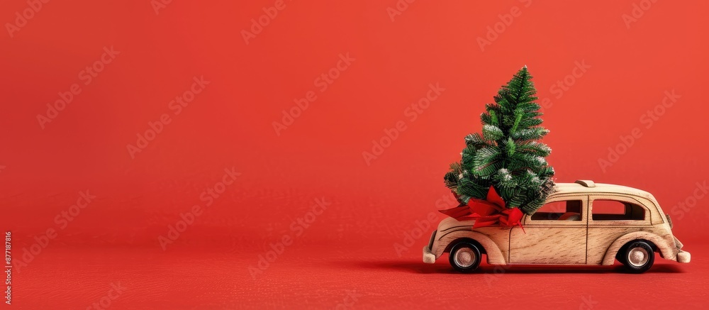 Poster a small toy car made of wood transporting a holiday tree on a vibrant red backdrop with ample copy s