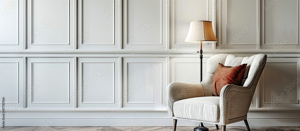 Poster interior design featuring a chic armchair with a cushion and lamp next to a white wall indoors provi