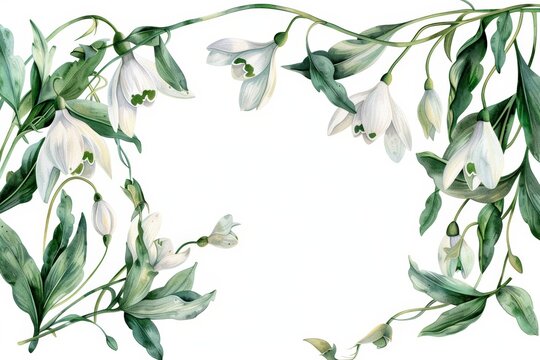 Elegant floral border with white flowers and green leaves on a white background, perfect for invitations and greeting cards.