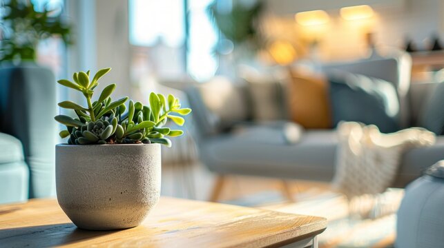 Succulent plant in a pot on a wooden table in a living room