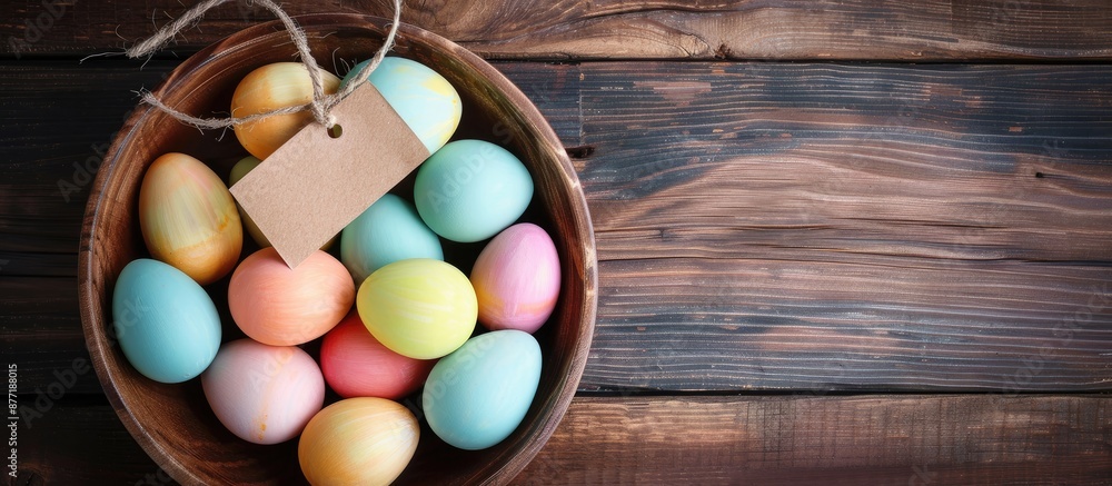 Aufkleber happy easter card featuring a bowl of brightly colored pastel easter eggs on a wooden background wit