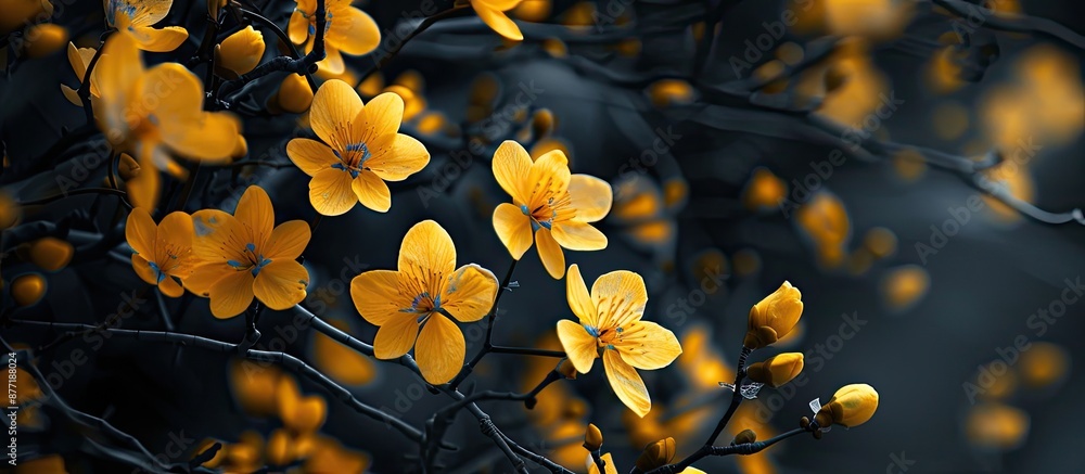 Poster Sunny yellow blooms set against a dark backdrop evoke a springtime or Easter atmosphere creating a cheerful mood in the copy space image
