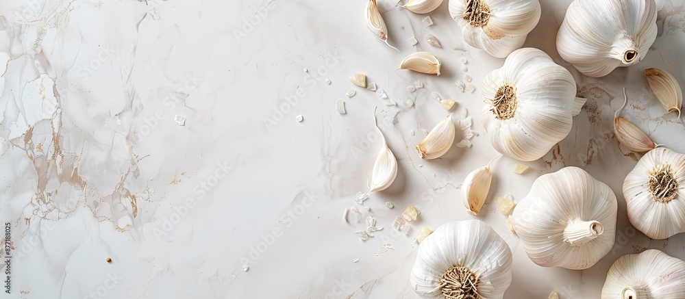 Aufkleber Flat lay composition with garlic on a light background perfect for culinary content creators with ample copy space image included