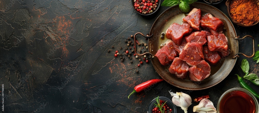 Aufkleber Table setting featuring raw pork or beef meat on a plate with marinade paprika and spices ideal for a healthy food menu concept background Top view with room for text in the copy space image