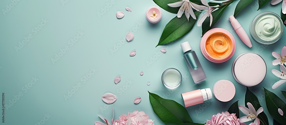 Poster assorted beauty items arranged attractively in a copy space image