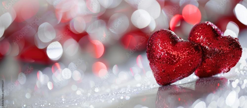 Aufkleber Valentine s Day theme with shiny red heart shapes on a white background set in soft focus creating a bokeh effect around copy space image