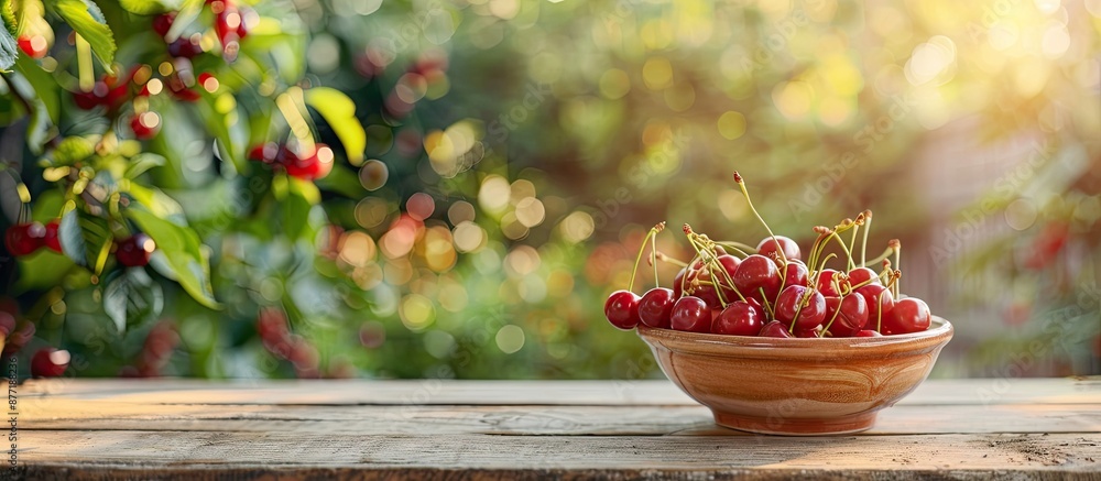 Fototapete close up copy space image of ripe cherries in a ceramic bowl on a wooden table with a garden backdro