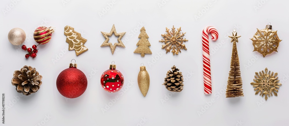 Poster Christmas themed decorations arranged in a flat lay on a white background with ample space for image insertion