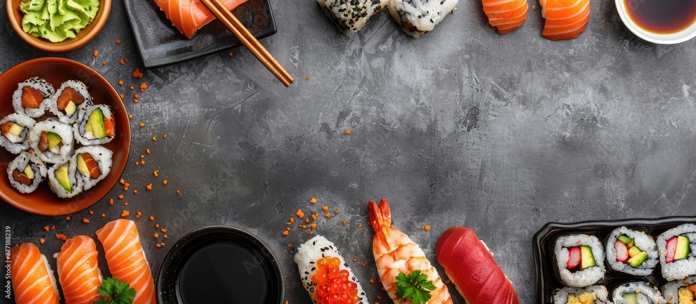 Aufkleber traditional japanese cuisine and snacks displayed on a gray background emphasizing a cultural gastro