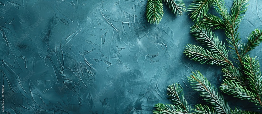 Aufkleber Christmas themed background with green fir branches on a textured blue surface ideal for adding text copy space image