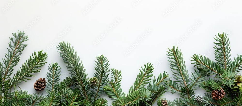 Poster christmas fir tree branches in green against a white backdrop with copy space image