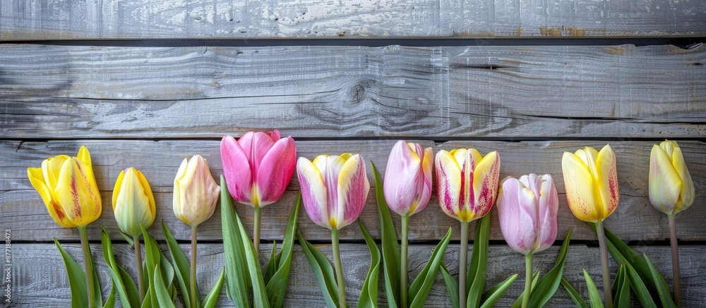 Poster pink and yellow tulips on a wooden background create a charming greeting card with copy space image