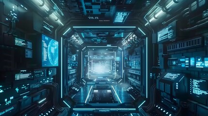 Fototapeta premium Futuristic 3D Holographic Visualization of Sci-Fi Space Station Interior Design