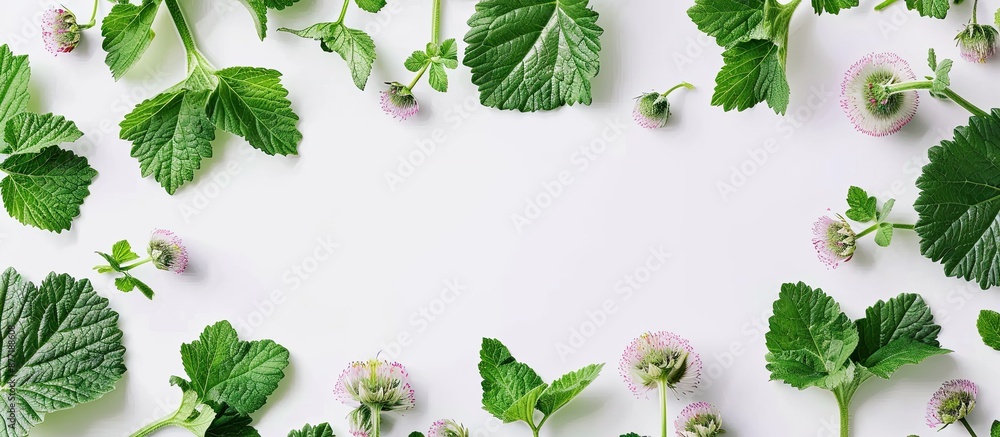 Poster top view of vibrant green burdock leaves and flowers on a white background suitable for adding text 