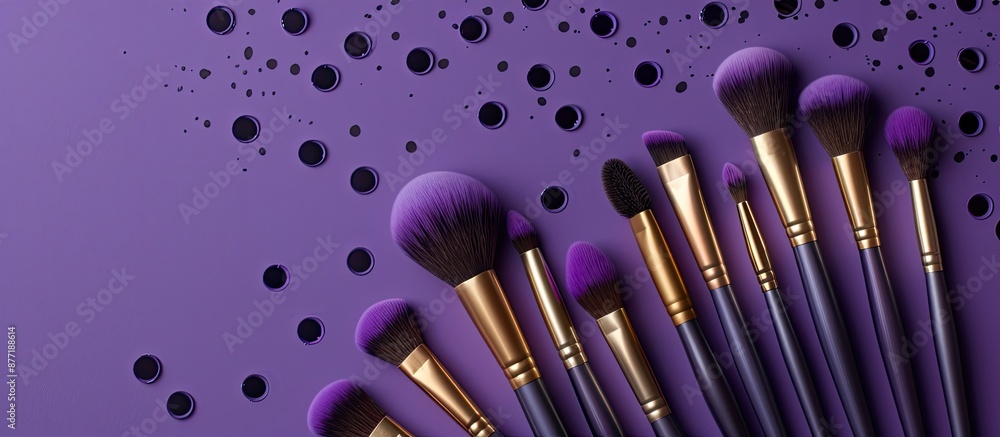 Poster a purple backdrop showcasing a set of professional makeup brushes surrounded by holes with ample cop