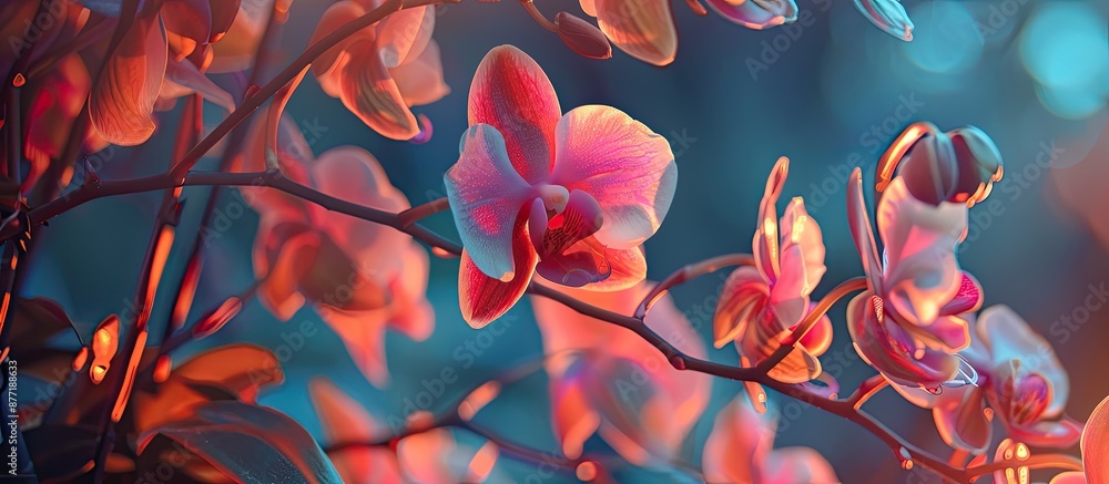 Poster Orchids in a stunning close up capture showcasing their beauty and playing with tones in a beautifully composed image with copy space