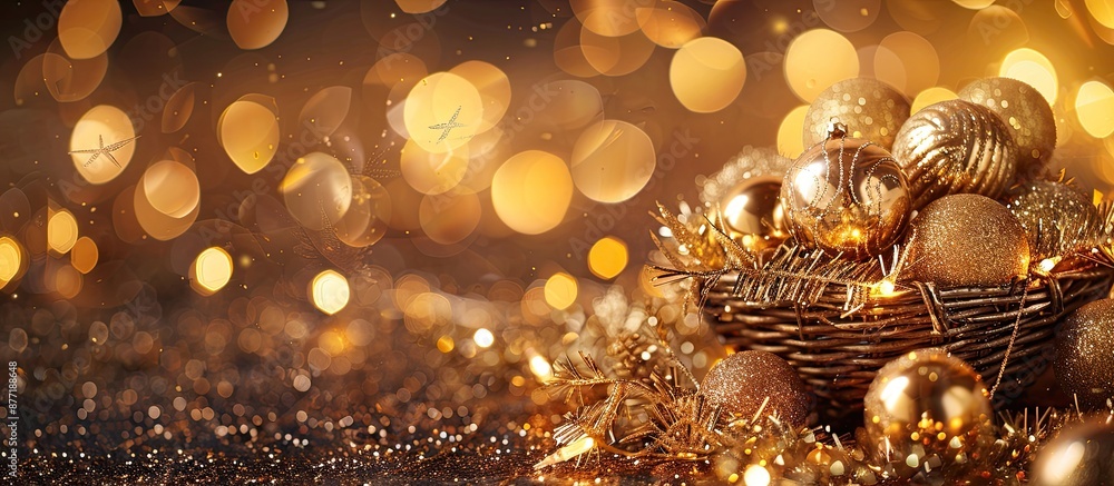 Poster Luxurious golden Christmas decoration with shiny balls and garlands displayed in a basket on a sparkling golden bokeh light background perfect for copy space images