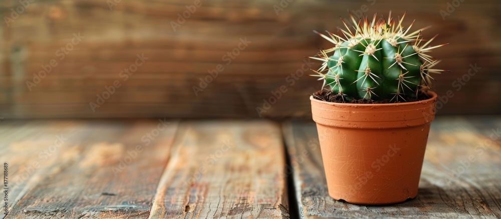 Aufkleber Copy space image of a little cactus planted in a pot on a wooden table with room for text or graphics