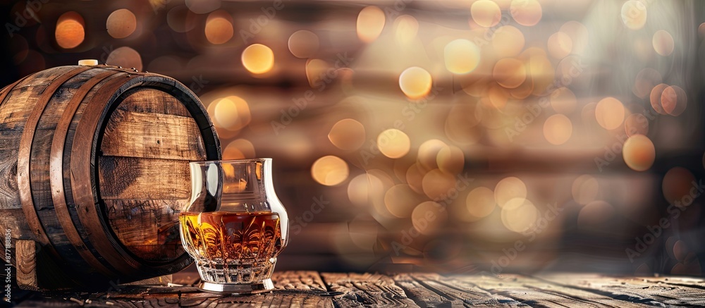 Poster a vintage wooden barrel next to a glass of scotch whiskey with a rustic background suitable for a co