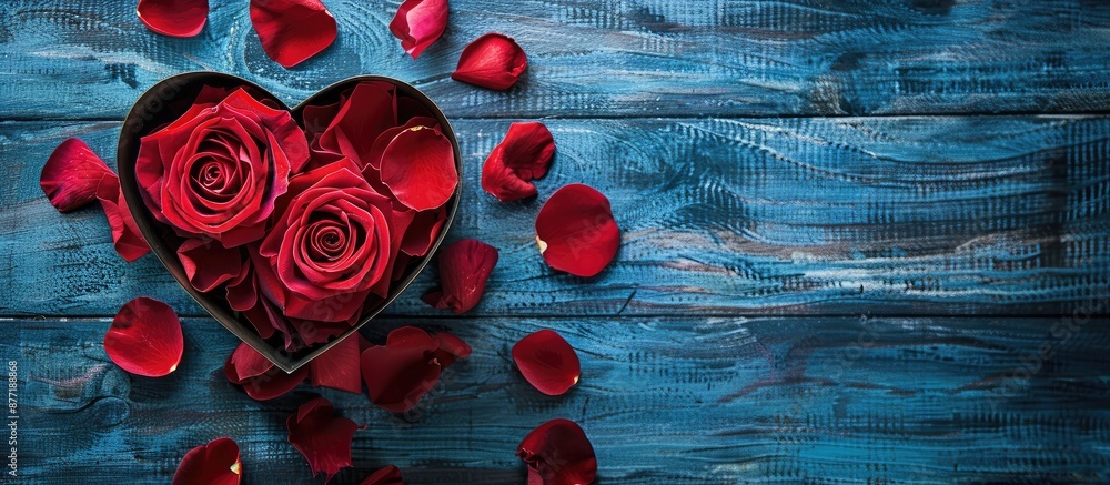 Poster A close up image of a vibrant red rose with its petals arranged in a heart shaped box on a wooden background with copy space image