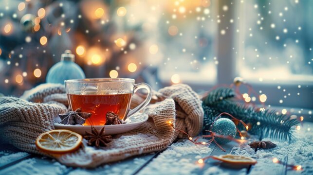 Christmas ambiance with hot tea and winter accessories Selective focus and toning