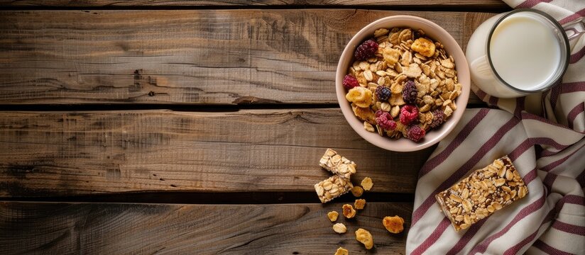 On a wooden surface there is a spread with a bowl of cornflakes dried berries granola bar and a glass of milk on a towel with empty space in the image. with copy space image