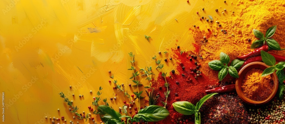 Poster fresh spices and herbs arranged artistically on a colorful background with copy space image