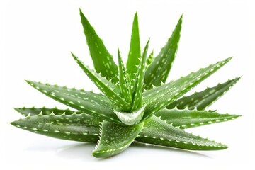 Vibrant aloe vera plant with water droplets showcased on a pure white background