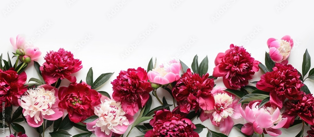 Aufkleber Top view of a horizontal frame with a lovely display of burgundy pink peonies on a white background offering ample copy space image