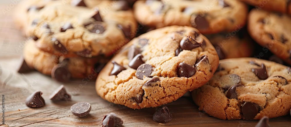 Poster close up of delicious chocolate chip cookies with selective focus on one cookie perfect for a copy s