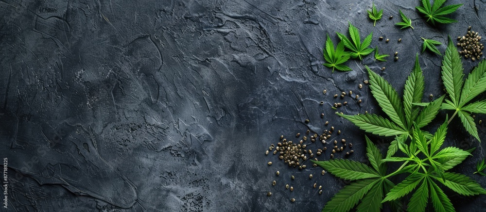 Poster copy space image showing green hemp leaves and seeds on a sleek black concrete background featuring 